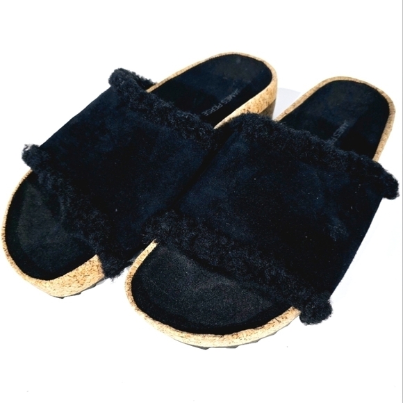 James Perse Black Suede Shearling Cork Slide Sandal Women\'s Size 6M